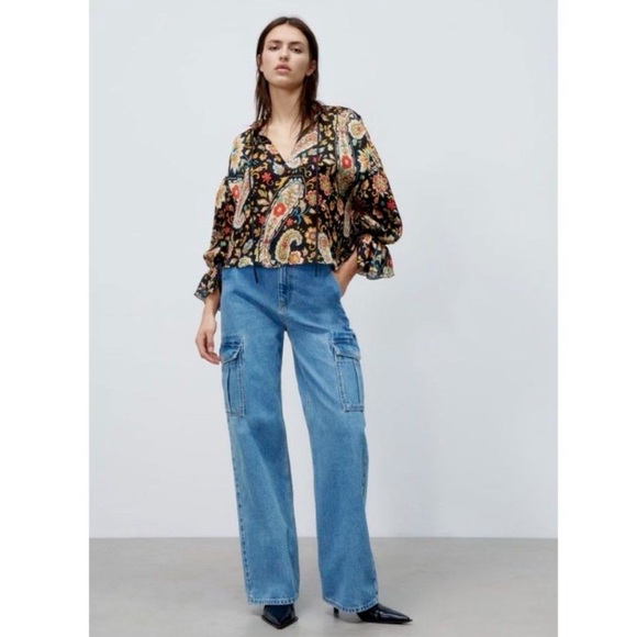 ZARA Floral Paisley Ruffle Boho Blouse Split V-Neck Tie Sleeve Top - Picture 4 of 15